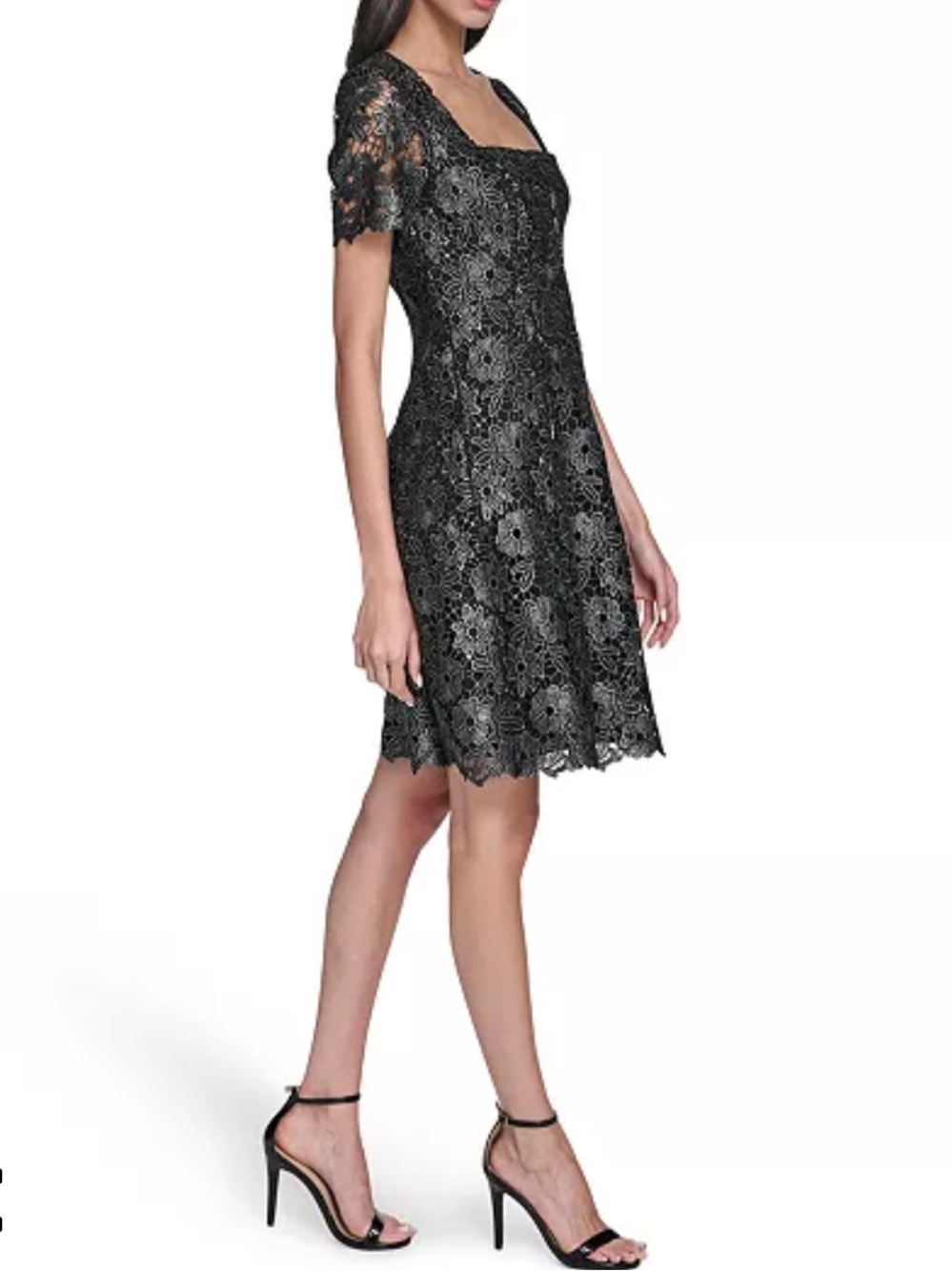 Eliza J Petite Black and Silver Square Neck Lace Fit and Flare Dress Size 10 P - Picture 3 of 13